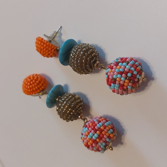 Bohemian Tribal Bright Multicolor Seedbeads Triple Drop Dangle Earrings - Picture 3 of 5